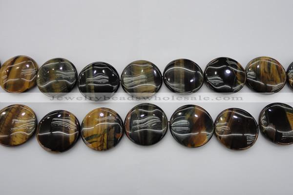 CTE1352 15.5 inches 30mm flat round yellow & blue tiger eye beads