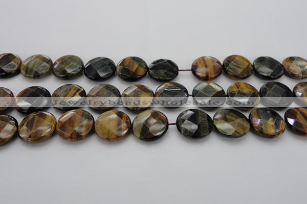 CTE1356 15.5 inches 20mm faceted coin yellow & blue tiger eye beads