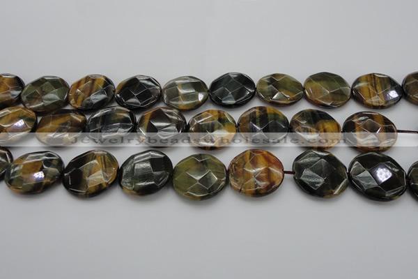 CTE1357 15.5 inches 25mm faceted coin yellow & blue tiger eye beads