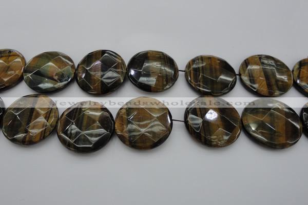 CTE1360 15.5 inches 40mm faceted coin yellow & blue tiger eye beads