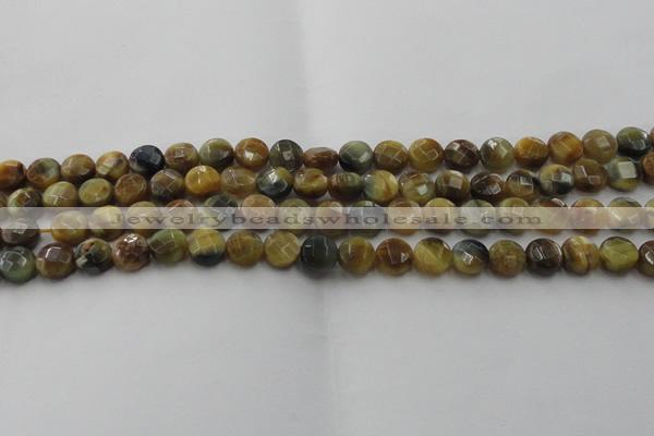 CTE1572 15.5 inches 8mm faceted coin golden & blue tiger eye beads