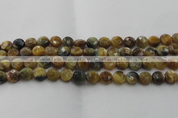 CTE1574 15.5 inches 12mm faceted coin golden & blue tiger eye beads