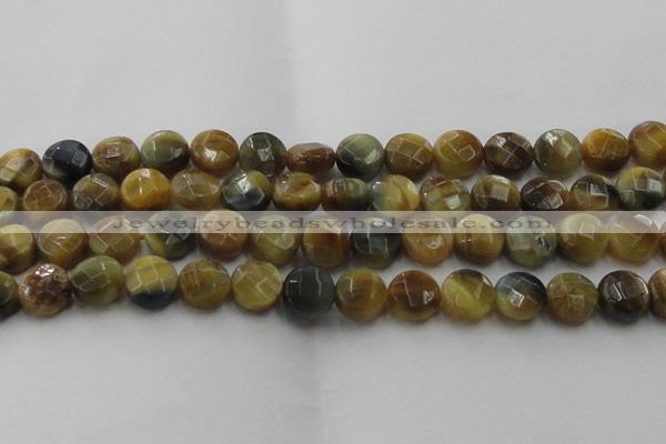 CTE1575 15.5 inches 14mm faceted coin golden & blue tiger eye beads