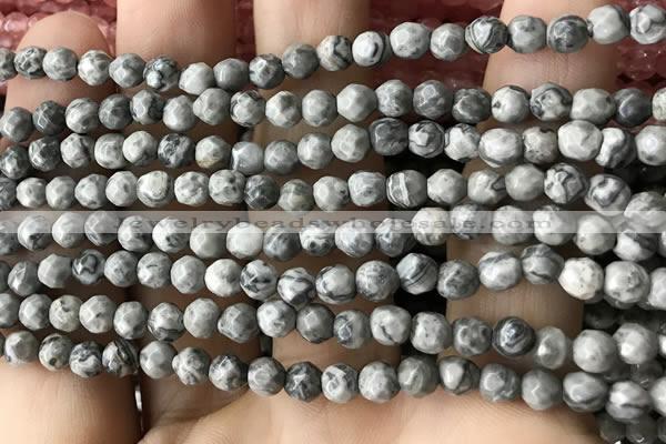 CTG3559 15.5 inches 4mm faceted round grey picture jasper beads