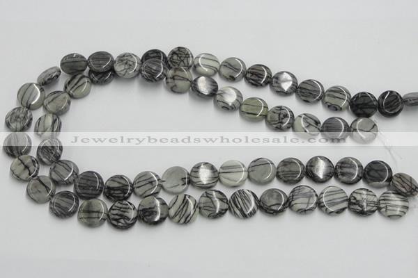 CTJ07 16 inches 14mm flat round black water jasper beads wholesale