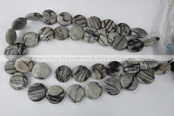 CTJ208 15.5 inches 20mm flat round black water jasper beads wholesale