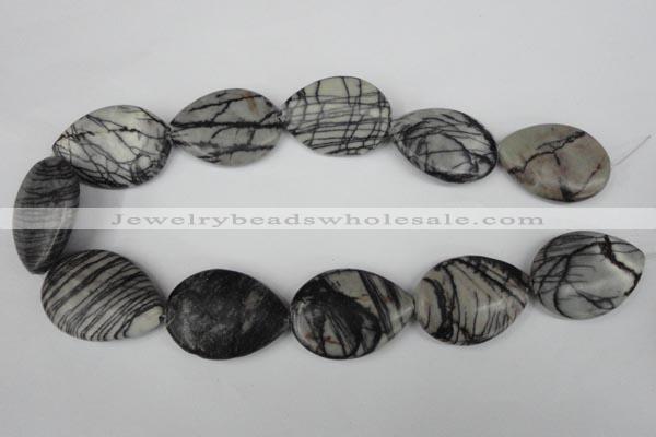 CTJ235 15.5 inches 26*35mm flat teardrop black water jasper beads