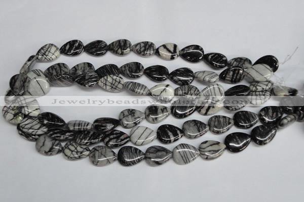 CTJ48 15.5 inches 13*18mm flat teardrop black water jasper beads wholesale