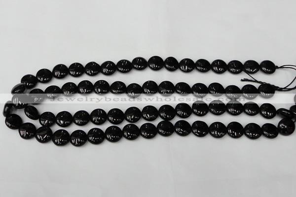 CTO128 15.5 inches 12mm flat round black tourmaline beads