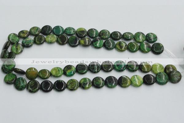 CTP08 15.5 inches 14mm flat round yellow green pine gemstone beads