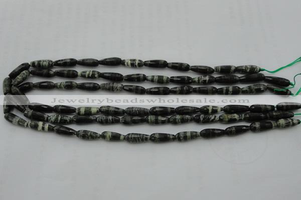 CTR10 15.5 inches 6*16mm faceted teardrop green silver line jasper beads