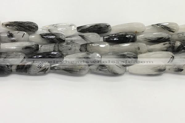 CTR156 15.5 inches 10*30mm faceted teardrop black rutilated quartz beads