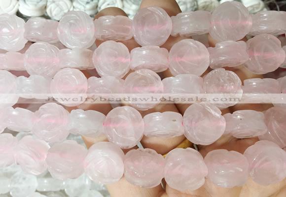 FGBS139 15 inches 14mm carved rose flower rose quartz beads