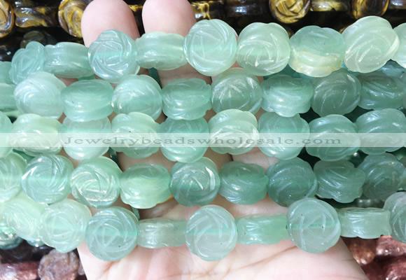 FGBS145 15 inches 14mm carved rose flower green aventurine beads