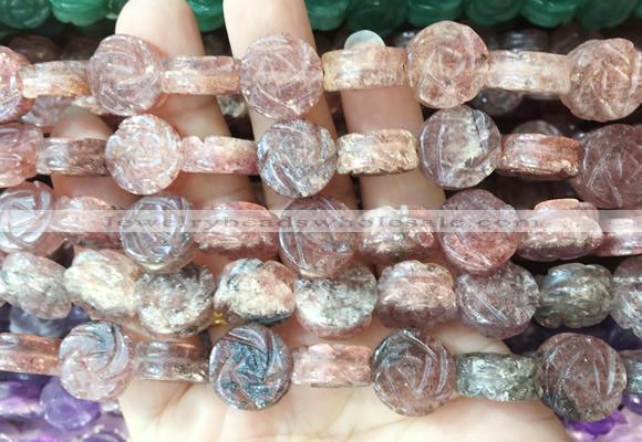 FGBS147 15 inches 14mm carved rose flower strawberry quartz beads