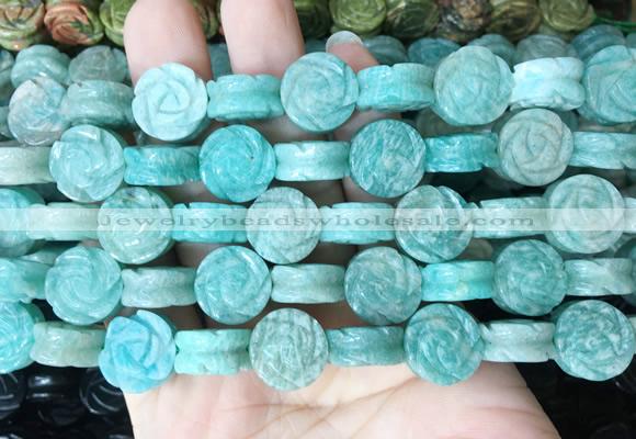 FGBS148 15 inches 14mm carved rose flower amazonite beads