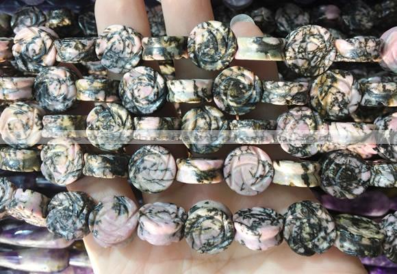 FGBS155 15 inches 14mm carved rose flower black veined rhodonite beads