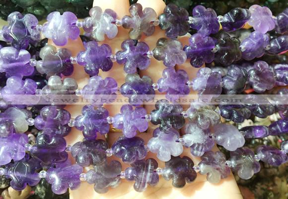 FGBS161 15 inches 15mm carved five petal flower amethyst beads wholesale