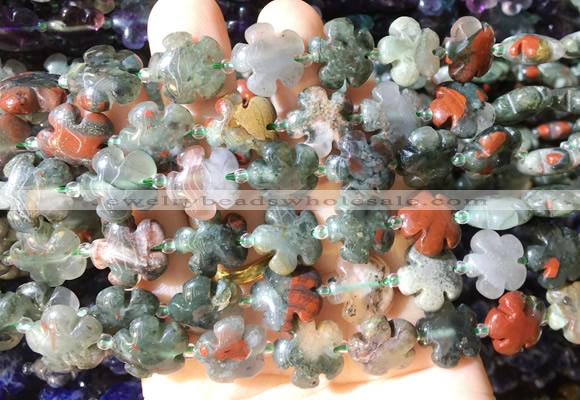 FGBS182 15 inches 15mm carved five petal flower blood jasper beads wholesale