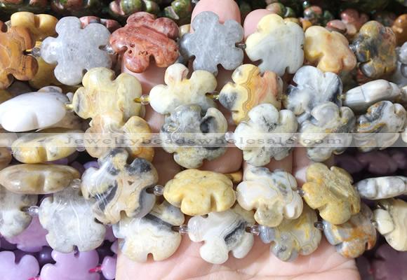 FGBS211 15 inches 20mm carved 5 petal flower yellow crazy agate beads wholesale