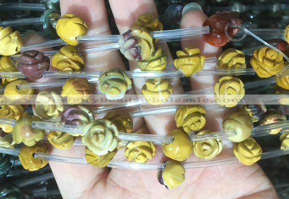 FGBS46 15 inches 10mm carved rose flower mookaite beads wholesale