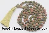 GMN1036 Hand-knotted 8mm, 10mm matte unakite 108 beads mala necklace with tassel