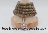 GMN1148 Hand-knotted 8mm, 10mm unakite 108 beads mala necklaces with charm