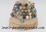 GMN1150 Hand-knotted 8mm, 10mm mixed gemstone 108 beads mala necklaces with charm