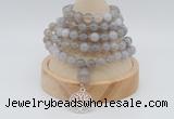 GMN1189 Hand-knotted 8mm, 10mm grey banded agate 108 beads mala necklaces with charm