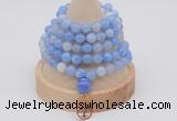 GMN1191 Hand-knotted 8mm, 10mm blue banded agate 108 beads mala necklaces with charm