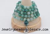 GMN1194 Hand-knotted 8mm, 10mm green banded agate 108 beads mala necklaces with charm