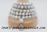 GMN1245 Hand-knotted 8mm, 10mm white howlite 108 beads mala necklaces with charm