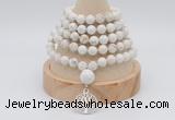 GMN1246 Hand-knotted 8mm, 10mm white howlite 108 beads mala necklaces with charm