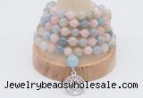 GMN1254 Hand-knotted 8mm, 10mm morganite 108 beads mala necklaces with charm