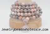 GMN1262 Hand-knotted 8mm, 10mm pink zebra jasper 108 beads mala necklaces with charm