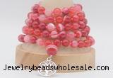 GMN1273 Hand-knotted 8mm, 10mm red banded agate 108 beads mala necklaces with charm