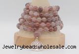 GMN1279 Hand-knotted 8mm, 10mm purple strawberry quartz 108 beads mala necklace with charm