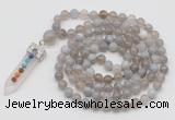 GMN1418 Hand-knotted 8mm, 10mm grey banded agate 108 beads mala necklace with pendant