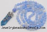 GMN1419 Hand-knotted 8mm, 10mm blue banded agate 108 beads mala necklace with pendant