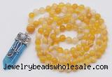 GMN1421 Hand-knotted 8mm, 10mm yellow banded agate 108 beads mala necklace with pendant