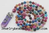 GMN1422 Hand-knotted 8mm, 10mm colorfull banded agate 108 beads mala necklace with pendant