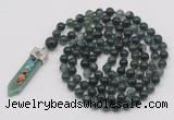 GMN1424 Hand-knotted 8mm, 10mm moss agate 108 beads mala necklace with pendant