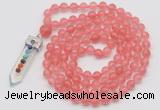 GMN1458 Hand-knotted 8mm, 10mm cherry quartz 108 beads mala necklace with pendant