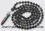 GMN1475 Hand-knotted 8mm, 10mm golden obsidian 108 beads mala necklace with pendant