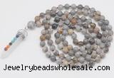 GMN1523 Hand-knotted 8mm, 10mm silver needle agate 108 beads mala necklace with pendant