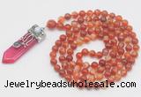 GMN1527 Hand-knotted 8mm, 10mm red banded agate 108 beads mala necklace with pendant