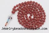 GMN1530 Hand-knotted 8mm, 10mm red agate 108 beads mala necklace with pendant