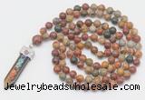 GMN1532 Hand-knotted 8mm, 10mm picasso jasper 108 beads mala necklace with pendant