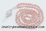 GMN1553 Knotted 8mm, 10mm Chinese pink opal 108 beads mala necklace with pendant