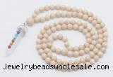 GMN1554 Knotted 8mm, 10mm white fossil jasper 108 beads mala necklace with pendant